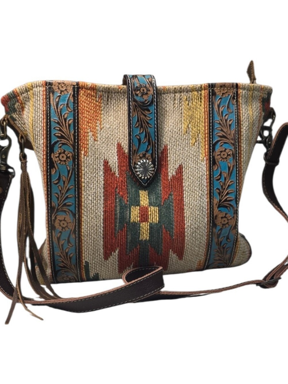 Myra Bag Southwestern Fringe Tooled Leather Crossbody Shoulder Bag